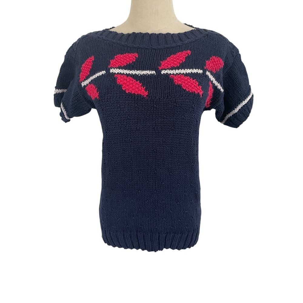 Vtg Russ Handknit Sweater Short Sleeve Blue Pink Preppy Costal Cottage Core